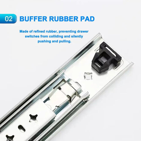 Close-up of 22 Inch Heavy Duty Drawer Slides With Lock Full Extension Side Mount Ball Bearing Rails showing buffer rubber pad.