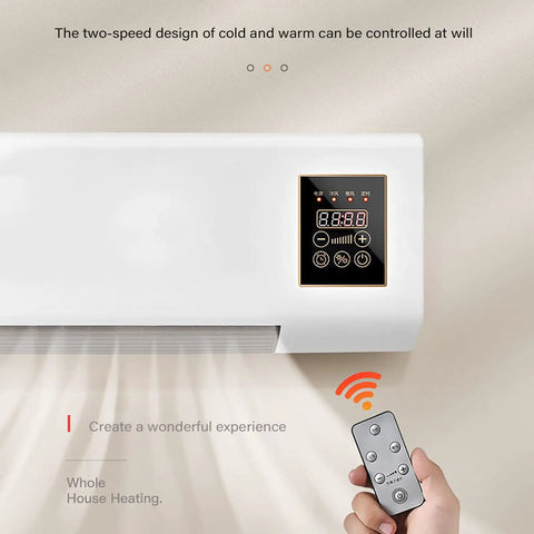 Wall Mounted Heater And Air Conditioner Featuring Remote Control Built In Timer Ultra Quiet Operation No Sweat Install Straight Up Cool Or Heat Performance For Your Home Base Or Office Setup with digital control panel and remote.