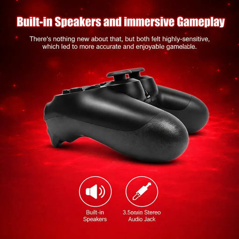 Next Level Wireless PS4 Controller With Dual Vibration Motion Sensing Touchpad Built In Speaker And Three Point Five Millimeter Headphone Jack on red background