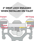 Diagram of Heavy Duty 5/16-18 Thread Steel Slide In T Nut, showing 2° drop lock mechanism in T-slot extrusion installation.