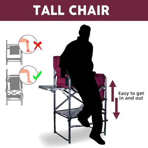 Bar Height Director Chair With Side Table 400 Lb Capacity Portable Folding Chair For Makeup Artists And Outdoor Events Cup Holder And Detachable Footrest Wine Red And Black