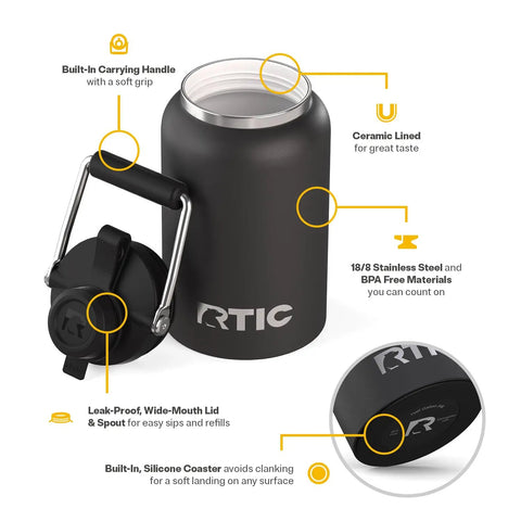 Half Gallon Stainless Steel Water Jug With Ceramic Lined Interior Double Wall Insulated Cooler Bottle Sip All Day Without That Weird Tin Taste Built Different For Weekend Getaways Black with cap and handle.