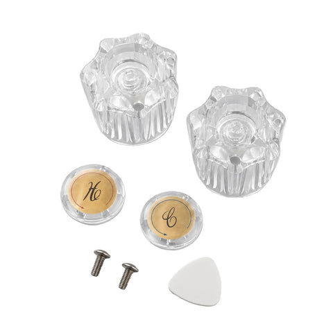 Upgrade Your Bath With This 2 Pack Clear Acrylic Faucet Knob Replacement Kit That Slaps Perfectly On Delta Delex Peerless And Ldr Two Handle Tub Or Sink Fixtures Featuring Screws And A Pry Tool For Easy Swapping. Clear acrylic 2.5-inch faucet knobs, screws, and pry tool