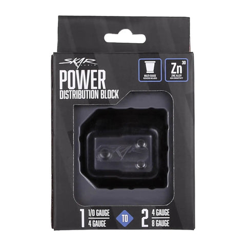Power Distribution Block For Car Audio With 1/0 Or 4 AWG In Dual 4/8 AWG Out Solid Zinc Alloy For Maximum Conductivity Premium Block Cover Reducers Included Heavy Duty Mounting Block For Clean Wiring And Safe Install, packaged view