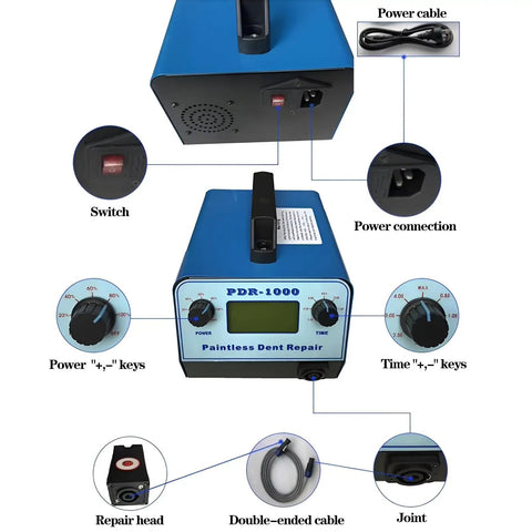 Paintless Dent Repair Tool Kit 1000W PDR Machine components showing power cable, repair head, and control knobs for auto dent repair.