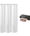 3 Rolls Vacuum Sealer Bags Compatible With Anova And Foodsaver Vacuum Sealers, shown next to a sealed food pack