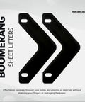 Pro Grade Sheet Lifters For Three Ring Binders With Flat Triangle Shape Black 11 By 6 Inches Durable Binder Accessory Pack Of 20 Protects Pages From Tearing And Curling, showing two boomerang-shaped lifters on light background.