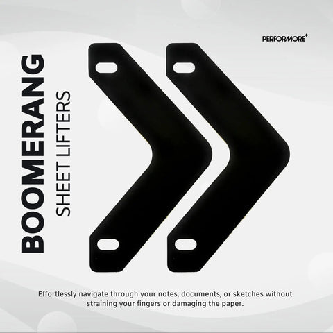 Pro Grade Sheet Lifters For Three Ring Binders With Flat Triangle Shape Black 11 By 6 Inches Durable Binder Accessory Pack Of 20 Protects Pages From Tearing And Curling, showing two boomerang-shaped lifters on light background.