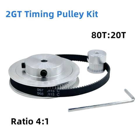 Heavy Duty 2GT Timing Pulley Kit With 20 Teeth For Smooth 3D Printer Prints. aluminum pulley set, 4:1 ratio, with belt and hex key