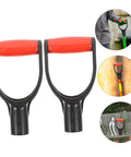 Durable Plastic Shovel Handle Replacement D Spade Grip For Garden Tools Snow Shovel And Spade Handles With Comfortable Smooth Surface Ergonomic Non Slip Grip For Easy Yard Work And Snow Removal, showing two red and black D-shaped handles and illustrated use scenarios.