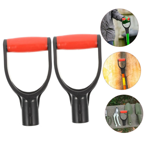 Durable Plastic Shovel Handle Replacement D Spade Grip For Garden Tools Snow Shovel And Spade Handles With Comfortable Smooth Surface Ergonomic Non Slip Grip For Easy Yard Work And Snow Removal, showing two red and black D-shaped handles and illustrated use scenarios.