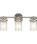 Brinley 24-Inch Three-Light Vanity Light In Brushed Nickel With Clear Glass Farmhouse Chic Bathroom Fixture Sits Above Mirror