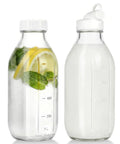 32 Oz Glass Milk And Juice Bottle Set With No Leak Airtight Screw Lid And Silicone Gasket, one with infused water, one with milk