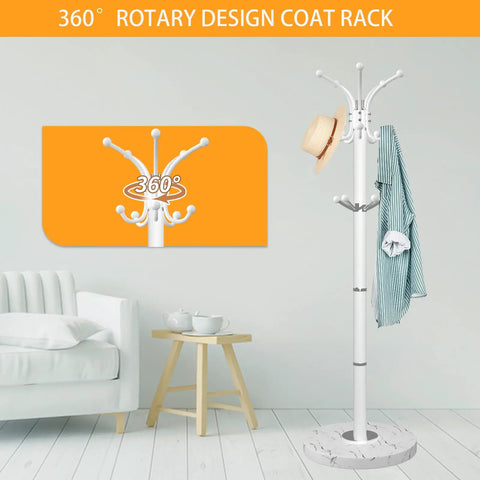 Sleek Freestanding Coat Rack With 360 Degree Swivel Hooks And Marble Base, 14 Hooks for Bags, Hats, and Coats, Modern White