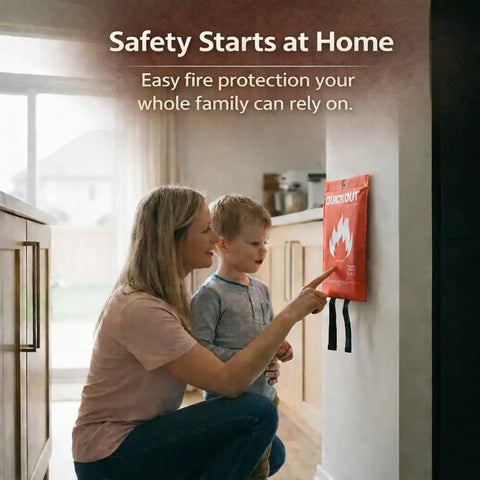 Woman showing child how to use Fire Blanket Survival Cover For Kitchen And Home Safety Heat Protection Against Small Cooking Fires And Emergencies Emergency Fire Suppression Tool For Quick Easy Use mounted on wall.