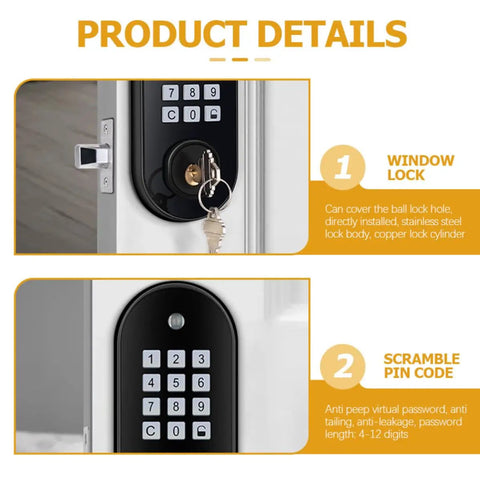 Hella Secure Slick Keyless Entry Door Lock With Electronic Keypad Deadbolt showing window lock and scramble pin code features.