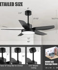 46 Inch Ceiling Fan With Light And Remote For Indoor Outdoor Use, Flush Mount Design With 3 Color LED Lighting, 5 Blades, Diagram