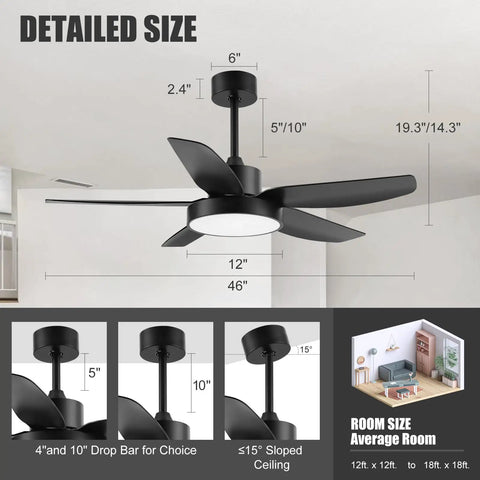 46 Inch Ceiling Fan With Light And Remote For Indoor Outdoor Use, Flush Mount Design With 3 Color LED Lighting, 5 Blades, Diagram