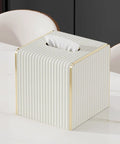 White Leather Tissue Box Cover With Gold Tone Edging, Modern Cube Vessel on marble table, fits 8x8x4 inch boxes