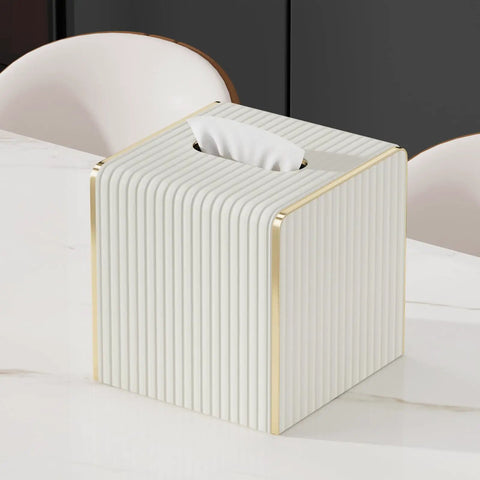 White Leather Tissue Box Cover With Gold Tone Edging, Modern Cube Vessel on marble table, fits 8x8x4 inch boxes