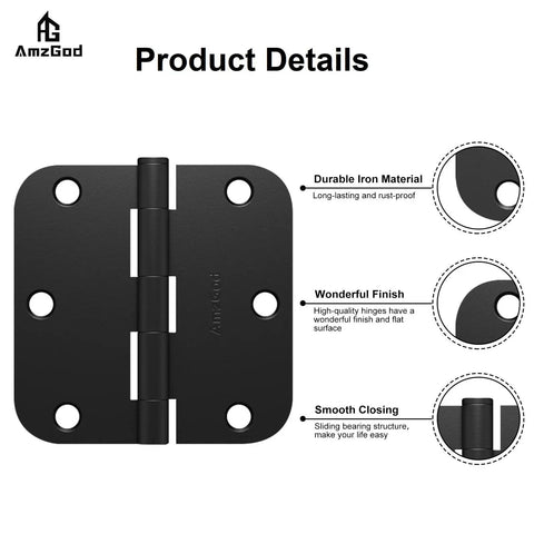 Matte Black 3 1/2 Inch Interior Door Hinges 42 Pack With 294 Screws 5/8 Radius Corners Flat Iron Residential Hardware with details