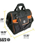 Tradesman Pro Wide Open Tool Bag with 1680 ballistic weave molded bottom and detachable shoulder strap, dimensions shown