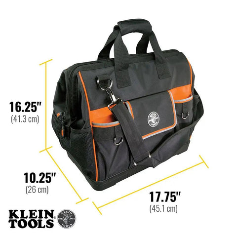 Tradesman Pro Wide Open Tool Bag with 1680 ballistic weave molded bottom and detachable shoulder strap, dimensions shown