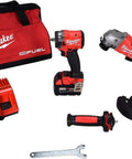 Kickass Brushless Cordless Two Piece Power Duo Combining 18 Volt Four Point Five Inch Grinder With Three Eighth Impact Wrench tools and accessories.