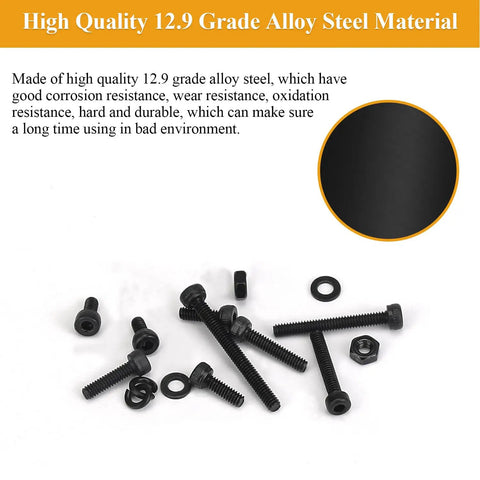 565 Piece M2 Hex Socket Head Cap Screws Nuts Washers Set Black Fully Threaded With M2 Four To Twenty Millimeter Sizes Lock And Flat Washers 12.9 Grade Alloy Steel The Go To Kit For DIY Projects And Repairs scattered with material detail.