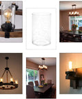 Seeded Glass Lamp Shade Three Pack Clear Cylinder Replacement Globes For Pendant Lights Wall Sconces And Chandeliers Five And A Half Inch Height Three And A Half Inch Diameter One And Five Eighths Inch Fitter Easy Install displayed in various lighting settings.
