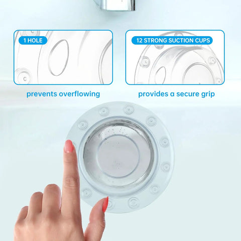 Deep Soak Tub Overflow Drain Cover With Heavy Duty Suction Seal That Adds Inches To Your Bathtub For The Ultimate Spa Vibe Easy Push Install Clear Finish shown with suction cups and hand.