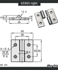 Diagram and close-up of heavy machinery stainless steel hinge, 65x65mm right orientation, showing dimensions and specifications.