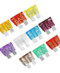 100 Piece Standard Blade Fuse Kit For Auto And Marine, 5A To 50A Assortment, 10 pieces shown in various colors