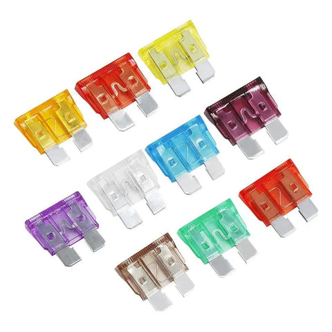 100 Piece Standard Blade Fuse Kit For Auto And Marine, 5A To 50A Assortment, 10 pieces shown in various colors