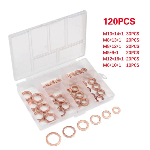 Copper Flat Washers Set For Screws, Rust Resistant Gasket Shims, Heavy Duty Kit With 100 120 200 280 300 Pieces For Auto DIY And Home Projects, Keeps Fasteners Stable And Spreads Pressure, 120pcs assorted sizes in plastic box