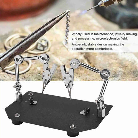 Heavy Duty Auxiliary Jewelry Welding Work Clip With Angle Adjustable Third Hand For Soldering Maintenance And Modeling Tasks In Workshop  on a black base with metal arms securing a small object.