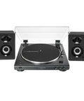 Bluetooth Fully Automatic Belt Drive Turntable With Dust Cover And Die Cast Aluminum Platter Includes 3 Inch Powered Bluetooth Studio Monitors Pair For A Dope Crystal Clear Home Audio Setup displayed front view