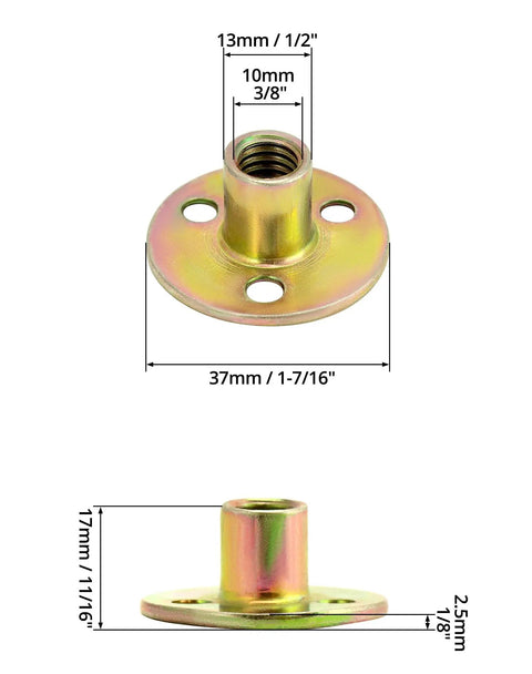Top Shelf 3/8 16 Round Base T Nuts 25 Piece Set Heavy Duty Carbon Steel Flange Inserts For Furniture Crafting And Woodworking Builds Tough Nickel Coating Quick Install And Rock Solid Hold detailed dimensions of flange insert.