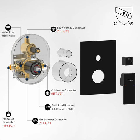 Diagram of Matte Black Shower System With 12 Inch Rain Shower Head And Handheld Spray pressure balance valve kit