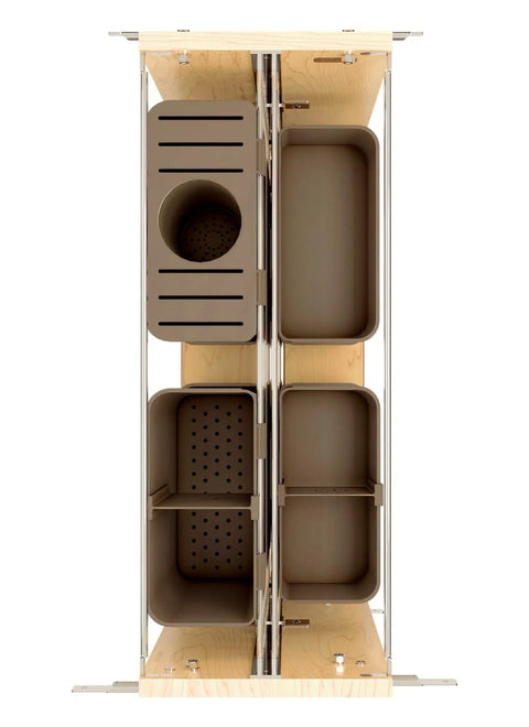 Top view of wood base cabinet pullout organizer with soft close modular utensil bin knife bin and spice bins