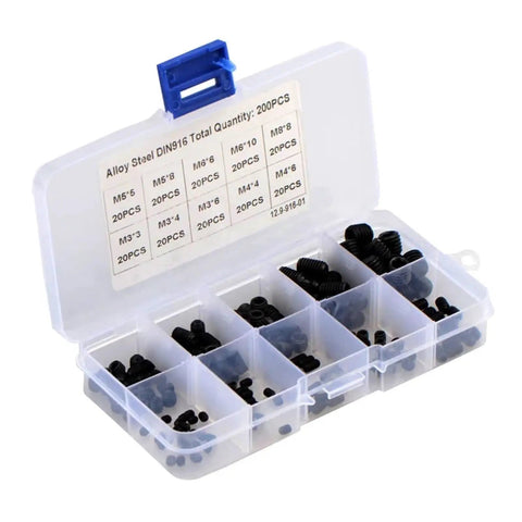 400 Pcs Hex Socket Cup Point Set Screws Assortment Kit Carbon Steel Black Finish DIN 916 M3 M4 M5 M6 M8 open case view