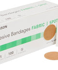 Adhesive Spot Bandage 1 Inch Round Tan Medi Pak Performance Sterile Latex Free Sheer Fabric Easy Stick Medical Grade First Aid Bandage Sold Per Box For Quick Wound Coverage No Fuss box and bandage packet displayed