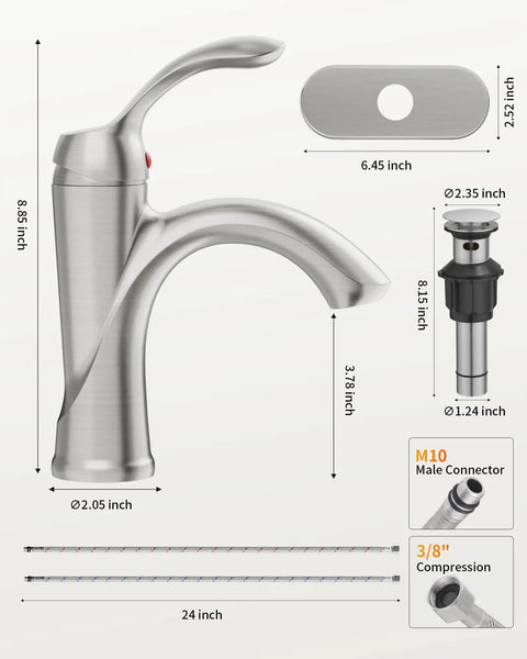 Brushed Nickel Bathroom Faucet With Single Handle For One Hole Vanity Sink Satin Finish, Pop Up Drain, Overflow, Stream Basin Mixer Tap