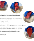 All-In-One 16-Piece Hook And Loop Sanding Block Kit with red contoured sanding pads used on wood surface