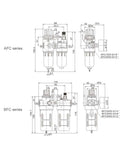 Technical diagram of pneumatic filter regulator duplex with automatic drain for air compressors, AFC and BFC series sizes.