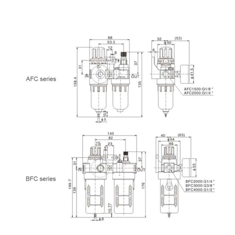 Technical diagram of pneumatic filter regulator duplex with automatic drain for air compressors, AFC and BFC series sizes.