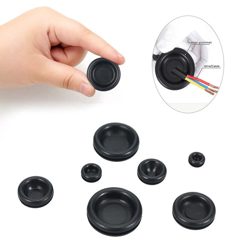 Hand holding a rubber grommet from a 200 Piece Rubber Grommet Set With 7 Sizes For DIY Wiring Electrical And Plumbing Projects, Closed Hole Plugs M7.14 M9.53 M12, Heavy Duty Durable Insulated Flame Retardant Dustproof, Anti Aging And Flexible For Wires And Hoses. Additional grommets are displayed on a white background.