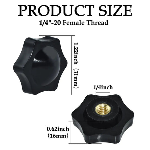 Four Pack One Quarter Inch Twenty Black Nylon Screw On Thru Threaded Knob Nuts With Six Star Hand Tighten Clamping Knobs Brass Insert