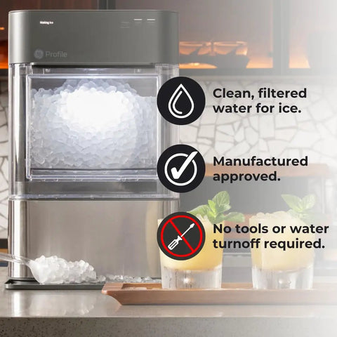 Opal Nugget Ice Maker Water Filter Replacement displaying fresh ice with highlights of clean water and easy installation features.