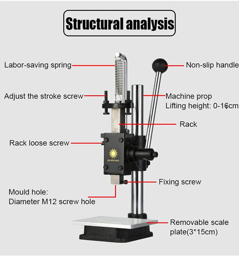 Heavy Duty Manual Arbor Press Machine With Ball Bearing Design Includes Adjustable Scale Plate, showing structural analysis features.